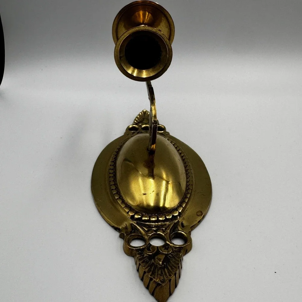Vintage Solid Brass Wall Sconce Candle Holder‎ Ornate Scrolled Oval Backplate